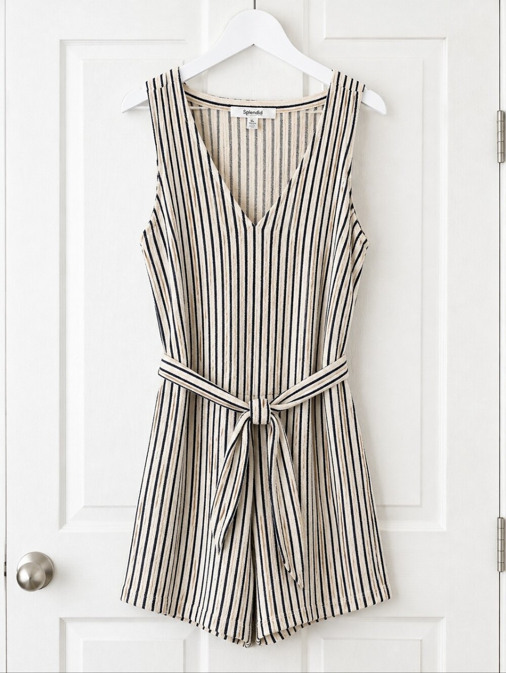 NWOT Splendid Striped Sleeveless Romper 100% Cotton Tie Waist Ivory Navy XL